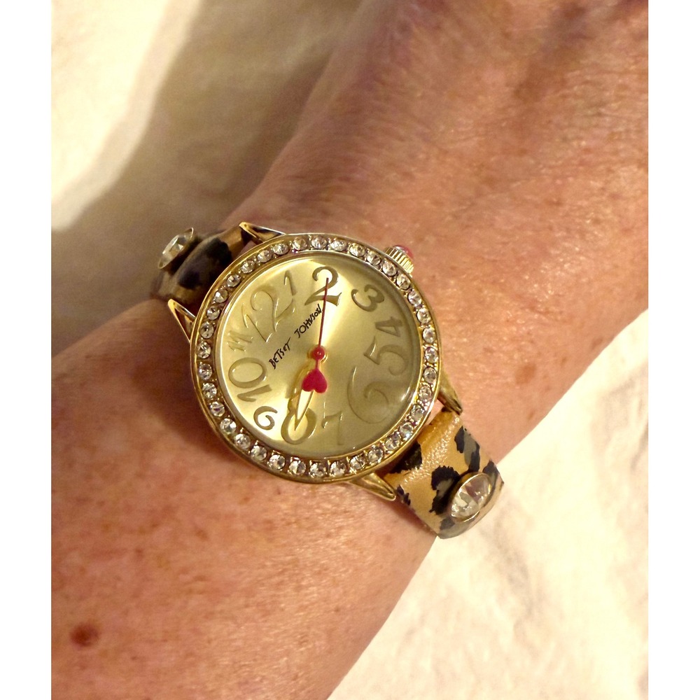 Betsey Johnson Watch Leopard Print Leather Band Crystal Accents - Picture 2 of 6